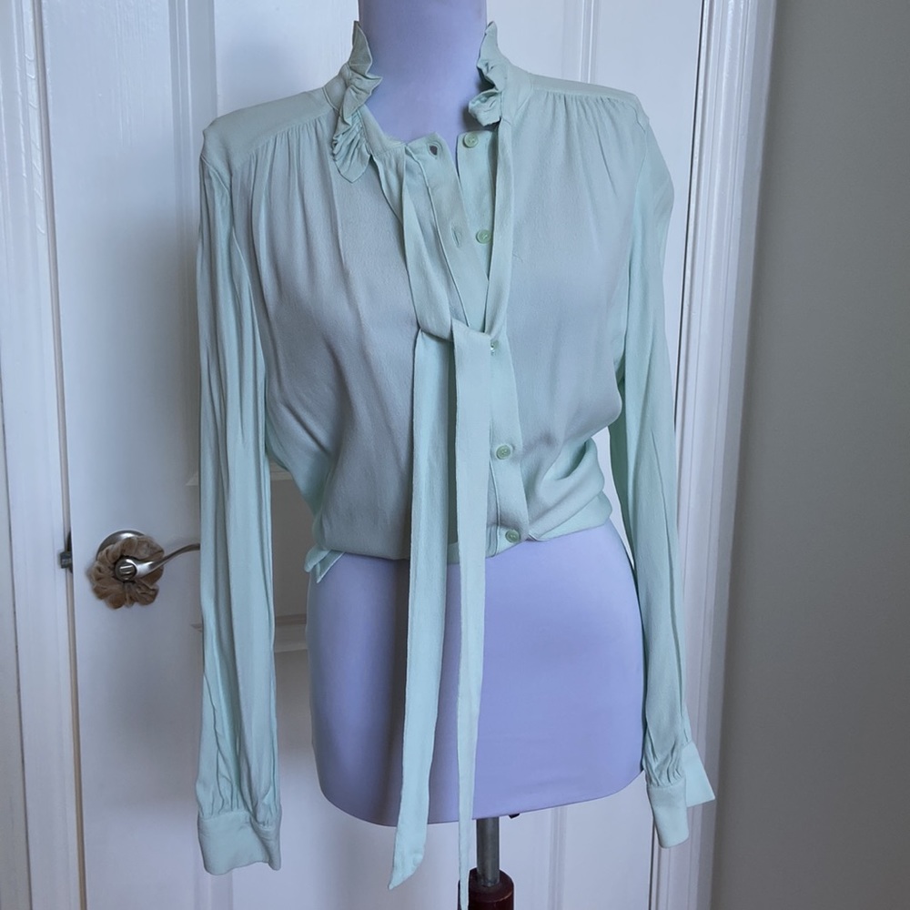 RO&DE mint green ruffle neck blouse size medium